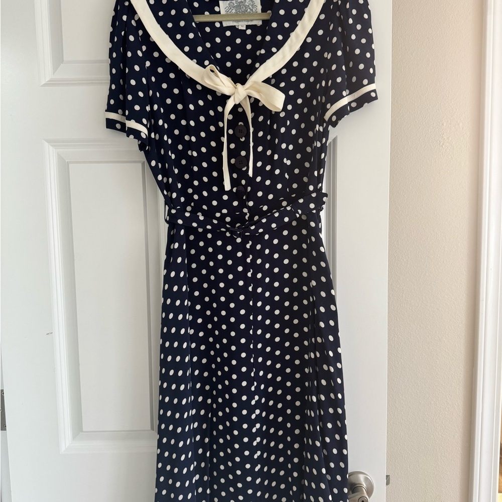 Navy Polka Dot Dress with Cream Accents